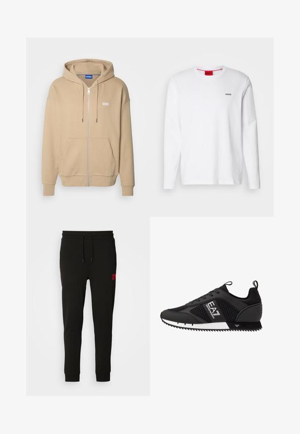 HUGO NARDIMEZ - Felpa con zip - medium beige; Camicia bianca a maniche lunghe in cotone, con scollatura rotonda, logo nero "HUGO" sul lato sinistro del petto e una texture liscia.; Pantaloni felpati neri realizzati in tessuto morbido, con vita regolabile tramite cordoncino, vestibilità slim e una patch rossa con logo sulla coscia sinistra.; EA7 Emporio Armani Sneakers basse - black/white