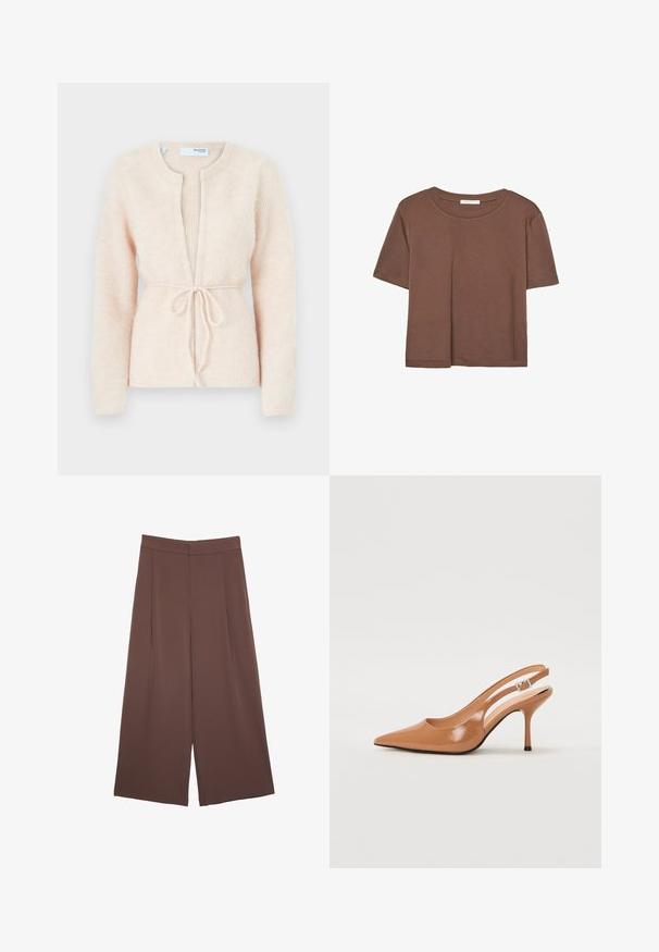 Beige strikket cardigan med lange ærmer, åben front og bånd i taljen. Tekstureret stof, ribbet mønster og kraveløs design.; Brun kortærmet t-shirt lavet af blødt stof, med rund halsudskæring og afslappet pasform. Ingen synlige mønstre eller detaljer.; Brune bredbunde bukser med en glat tekstur, der har høj talje og plisseringer foran. Stoffet er let og falder løst.; Spids tå slingback hæl i et glat, blankt tan materiale. Har et buet udskæring design og en slank stiletto hæl. Sølv spænde detalje.
