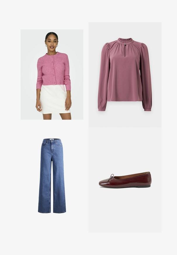 ONLY ONLKATIA BUTTON CARDIGAN - Kardiganas - carmine rose; Ilga rankovė mauve spalvos bluzonė su surinkta apykakle, raktų skylutės iškirpte su mygtuko uždarymu ir šiek tiek pūstomis petnešomis.; Šviesiai mėlynos džinsinės kelnės plačiu sijonu ir aukštu liemeniu, su dviem priekinių kišenių ir matomu siuvimu. Su mygtuko ir užtrauktuko uždarymu.; Bordo lakiotos odos baleto bateliai su apvalia nosimi, maža kaspinėlio akcentu priekyje ir žema juoda guma padanga. Lygi tekstūra.