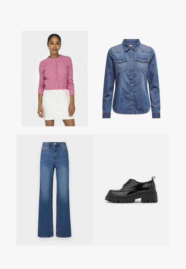 ONLY ONLKATIA BUTTON CARDIGAN - Cardigan - carmine rose; Denim shirt in dark blue, featuring a collared neck, long sleeves, double chest pockets, and contrasting stitching details.; High-waisted, wide-leg blue jeans made of denim, featuring a classic five-pocket design and subtle fading along the legs.; Black patent leather shoes with a chunky platform sole and thick laces. Rounded toe, minimal detailing, and a small heel tab at the back.