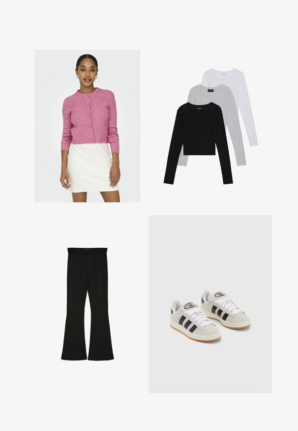 ONLY ONLKATIA BUTTON CARDIGAN - Strickjacke - carmine rose; Drei langärmelige Oberteile gestapelt: schwarz, grau und weiß. Jedes hat einen runden Halsausschnitt und ein kurzes Design aus glattem, leichtem Stoff.; Schwarze Schlagleggings aus dehnbarem Stoff. Sie verfügen über einen breiten Bund und eine glatte Textur, mit einer enganliegenden Silhouette, die am Saum ausgestellt ist.; Graue Wildledersneaker mit weißen Schnürsenkeln, schwarzen Streifen und einer weißen Gummisohle. Merkmale sind ein kreisförmiges Logo auf der Zunge und eine Gummisohle.