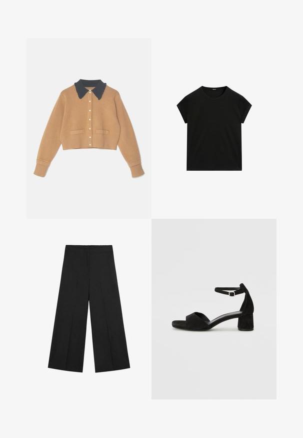 Bruine cropped cardigan met een donkere kraag, voorzien van een knoopsluiting, geribbelde zoom en twee frontzakken. Zachte textuur, minimalistisch ontwerp.; Zwarte t-shirt met korte mouwen en ronde hals, met een rechte zoom, plat weergegeven op een witte achtergrond.; Zwarte wijde broek met elastische tailleband. Gemaakt van lichtgewicht stof, met een gladde textuur en een strak, minimalistisch ontwerp.; Zwarte suede hakken met een dunne enkelband, open teen ontwerp en een bescheiden blokhak. Zachte textuur en minimale accenten.