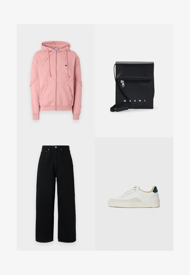 Růžová mikina na zip vyrobená z měkké tkaniny, s pružnými manžetami, lemem a dekorativním prošíváním podél rukávů a vpředu. Nastavitelné šňůrky v kapuci.; Šedé tričko s krátkým rukávem vyrobené z měkké, texturované látky. Disponuje klasickým kulatým výstřihem a rovného lemu, vhodné pro každodenní nošení.; Černé široké kalhoty z bavlny, se zvýšeným pasem, předními kapsami, stříbrným knoflíkem a čistým lemem.; Bílé tenisky se semišovými prvky, kulatou špičkou, plochými tkaničkami a krémovou gumovou podrážkou. Na patě mají zelené logo.; Černá kožená kabelka přes rameno s přední zipovou kapsou, embosovaným logem a nastavitelným popruhem. Hladký povrch s pevnou strukturou.