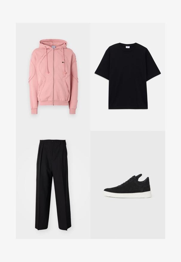 Rózsaszín cipzáros kapucnis pulóver, puha anyagból készült, bordás mandzsettákkal és hemzsebeléssel a karokon és az elején. Állítható kapucni zsinórral.; Fekete, rövid ujjú, oversize póló kerek nyakkivágással és látható Filippa K márkacédulával a gallér belső részén.; Fekete, pliszírozott nadrág, egyenes, széles lábakkal. Sima anyagból készült, gombos záródással és övhurkokkal rendelkezik.; Fekete nubuk sportcipő fehér gumitalppal, tónusos varrással és fűzős kialakítással. Simák a textúrája, modern, letisztult formával rendelkezik.