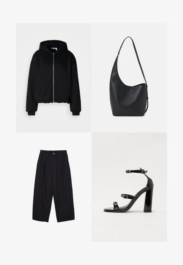 Giacca nera con cappuccio e zip, realizzata in tessuto morbido. Presenta una vestibilità rilassata, polsini a costine e orlo arricciato. Nessun motivo o logo visibile.; Top senza maniche nero realizzato in tessuto morbido, caratterizzato da un collo arrotondato e un design aderente senza motivi visibili o decorazioni.; Pantaloni culotte neri in poliestere con una cintura elastica, due pieghe frontali e una silhouette ampia. Nessun motivo visibile o dettagli in metallo.; Sandali con tacco in vernice nera, con punta squadrata, cinturini alla caviglia e fibbie in argento. Presentano un tacco a blocco spesso per maggiore stabilità.; Borsa hobo nera in pelle con una superficie liscia, forma curvata e una singola tracolla regolabile; presenta un'ampia apertura nella parte superiore.