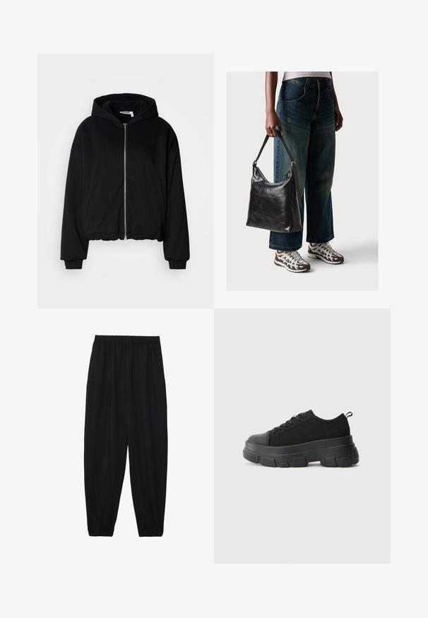 Giacca nera con cappuccio e zip, realizzata in tessuto morbido. Presenta una vestibilità rilassata, polsini a costine e orlo arricciato. Nessun motivo o logo visibile.; T-shirt nera in cotone con maniche corte sopra un sotto manica lunga bianca, caratterizzata da una sottile texture. Design con scollo rotondo.; Pantaloni neri leggeri con vita elastica e caviglie arricciate. Il tessuto è liscio e presenta un design rilassato e affusolato.; Sneaker nere con suola in gomma spessa, superiore in tessuto testurizzato, punta rotonda e design con lacci. Presenta occhielli rinforzati e linguetta sul retro.; Borsa a tracolla nera in pelle con una texture liscia e tracolla regolabile, abbinata a jeans ampi sbiaditi e sneakers sportive.