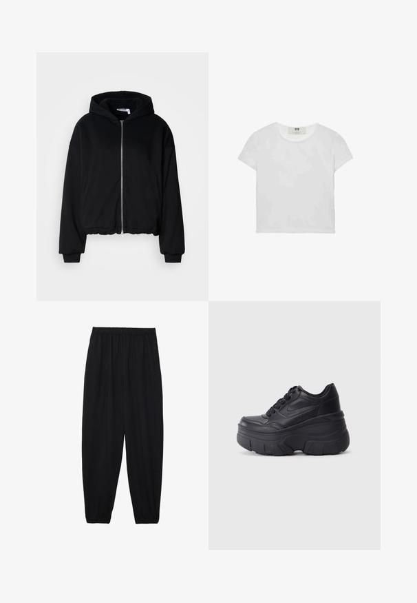 Giacca nera con cappuccio e zip, realizzata in tessuto morbido. Presenta una vestibilità rilassata, polsini a costine e orlo arricciato. Nessun motivo o logo visibile.; T-shirt bianco a maniche corte e girocollo, realizzato in cotone morbido, con un design semplice e pulito, privo di motivi o dettagli visibili.; Pantaloni neri leggeri con vita elastica e caviglie arricciate. Il tessuto è liscio e presenta un design rilassato e affusolato.; Sneaker nere con lacci e suola spessa, caratterizzate da una tomaia in pelle liscia, punta arrotondata e un distintivo design a piattaforma stratificata.