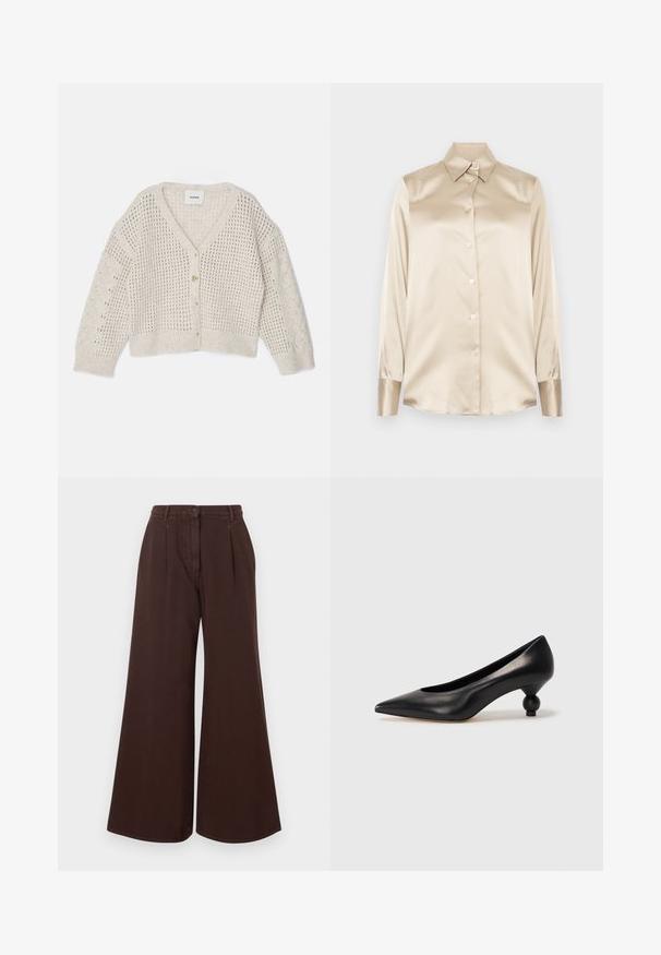 Light beige knit cardigan with a V-neck, open weave pattern, long sleeves, and five buttons. Features ribbed cuffs and hem detailing.; Beige satin shirt with a pointed collar, full-length sleeves, button closure, and cuffs in a slightly glossier finish. No patterns or accents.; High-waist wide-leg brown pants with button and zipper closure, belt loops, and front pleats.; Black leather high heel shoe with a pointed toe and a round, balled heel. Smooth texture with a sleek, minimal design.