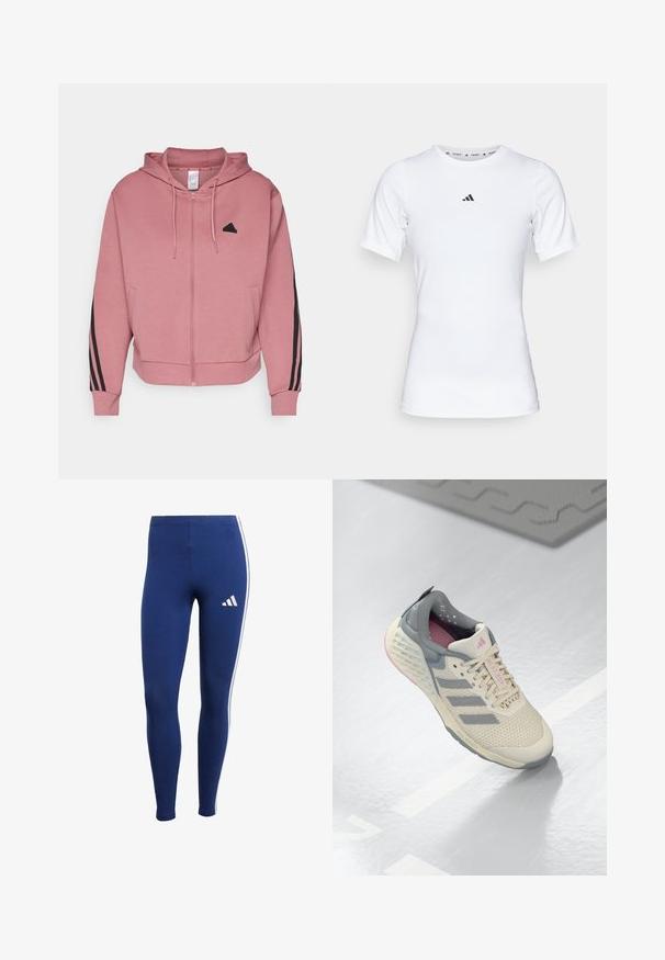 adidas Sportswear FUTURE ICONS THREE STRIPES FULL ZIP - Camisola com fecho - preloved crimson; Camisola atlética branca com mangas curtas, feita de tecido liso e elástico. Apresenta um pequeno logotipo preto da Adidas no peito.; Leggings azul-marinho com riscas laterais brancas e um logo da marca na parte inferior da perna. Feitos de material elástico para conforto e liberdade de movimento.; Sapatilha atlética bege com detalhes cinzentos, parte superior em malha e sola texturizada. Apresenta três riscas cinzentas e detalhes em rosa no interior.