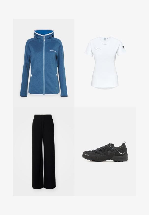 Blå fleecejacka med huva, med full dragkedja, kontrasterande ljusblå detaljer och en liten logotyp på bröstet. Slät yta.; Kortärmad vit träningsskjorta med rund halsringning, försedd med en logotyp på bröstet och en slät, lätt tygkvalitet.; Svarta byxor med vida ben och hög midja, i mjukt tyg, med framknäppning och utan synliga fickor, som har en skräddarsydd passform.; Svarta vandringsskor med ett texturerat tygöverdrag, snörningssystem och slitstark gummisula. Prydda med reflekterande detaljer och logotyper.