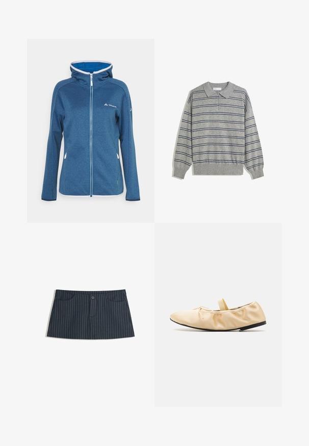 Modrá fleecová bunda s kapucí, s celopropínacím zipem, kontrastními světle modrými detaily a malým logem na hrudi. Hladká textura.; Šedý pletený svetr s dlouhým rukávem a límečkem, který má námořnické horizontální pruhy a zapínání na knoflíky u límce. Měkká textura.; Námořnicky modrá mini sukně s proužky, předními kapsami a jedním knoflíkem na zavírání v pase.; Proenza Schouler GLOVE BALLET FLATS - Baleríny s páskem - light/pastel yellow