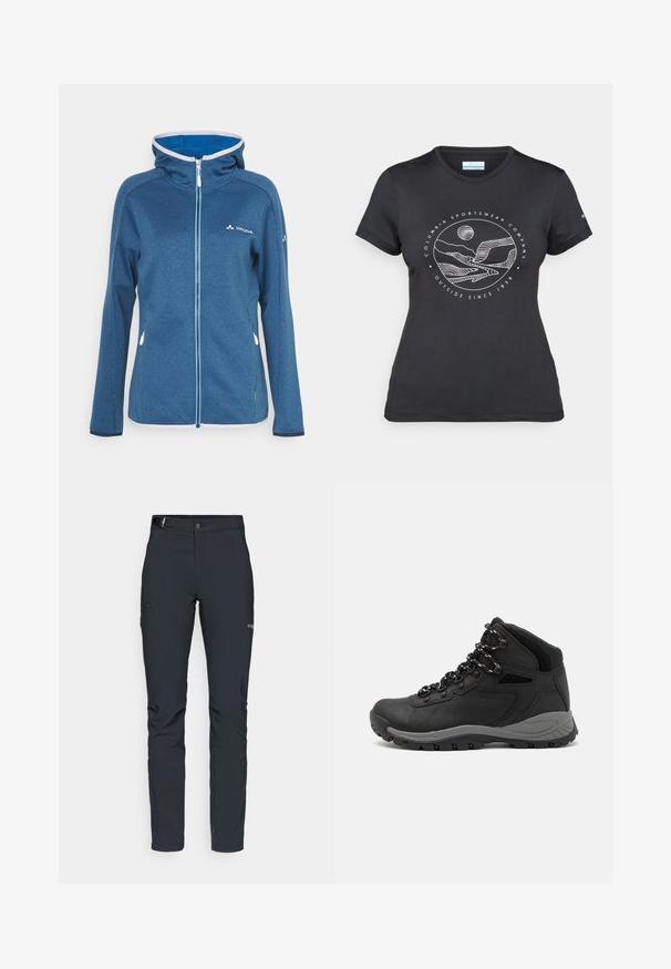 Blå fleecejacka med huva, med full dragkedja, kontrasterande ljusblå detaljer och en liten logotyp på bröstet. Slät yta.; Svart Columbia-t-shirt med vit cirkulär linjekonst av berg och flod samt texten "Columbia Sportswear Company Outside Since 1938."; Herrernas utomhusbyxor, mörkgrå, tillverkade av flexibelt material, med ett bälte, zip-fickor och förstärkt sömnad.; Svart vandringskänga med mellanhög design, som har en texturerad överdel, grå accenter och en slitstark gummisula med greppklackar.