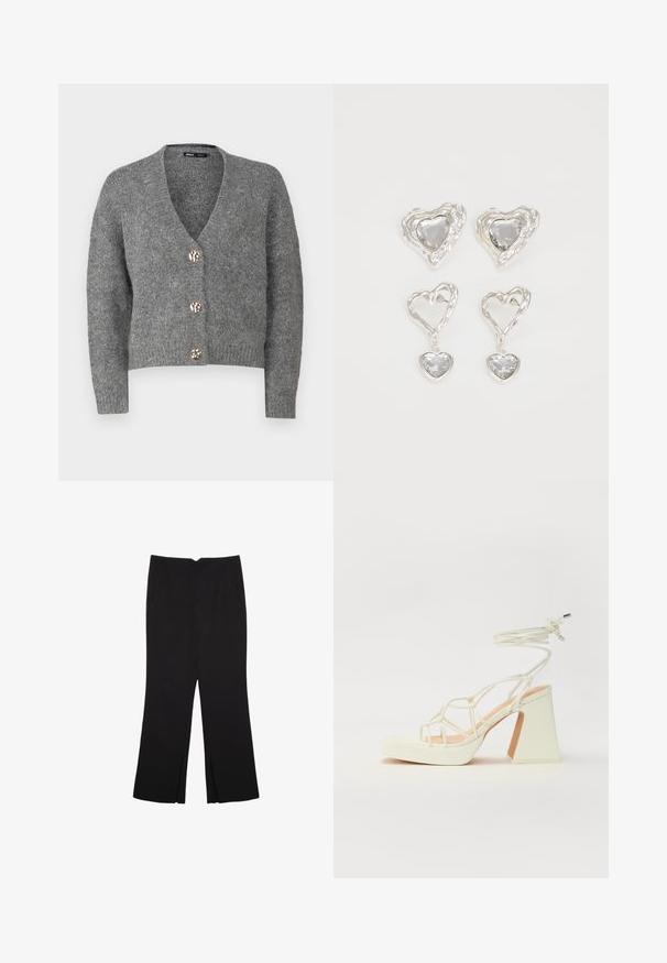 ONLY Petite ONLZOEY CARDIGAN - Kardigan - dark grey melange; Černý krátký rukáv top vyrobený z hladké látky; má drapovaný výstřih a asymetrický lem, s přiléhavým střihem.; Černé kalhoty s rovným střihem, s předními kapsami a bočními rozparky na lemu. Vyrobené z jemné, hladké tkaniny. Vhodné na různé příležitosti.; Bílé sandály na vysokém podpatku s robustním podpatkem, s designem s pásky a zavazováním kolem kotníku. Hladký povrch s platformou vpředu pro zvýšení výšky.; Stříbrné náušnice ve tvaru srdce mají fasetované průhledné kameny a texturovaný rám. Sada zahrnuje styl pecek a visacích náušnic.