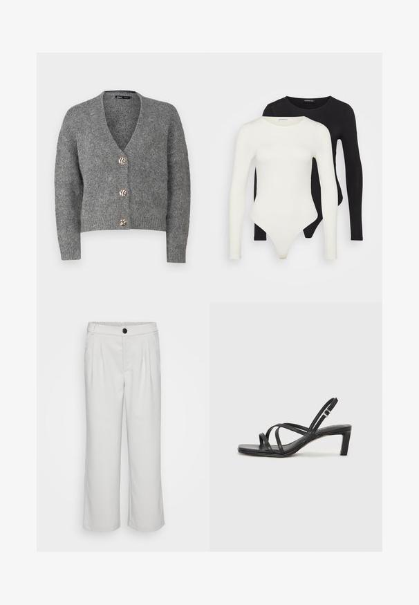 ONLY Petite ONLZOEY CARDIGAN - Kardigán - dark grey melange; Dve body s dlhým rukávom v bielej a čiernej farbe. Vyrobené z hladkej tkaniny, s okrúhlym výstrihom a nohavičkovým dnom pre pohodlné nosenie.; Biele široké nohavice vyrobené z hladkej látky, so záhybmi vpredu a elastickým pásom so zapínaním na gombík.; Čierne sandále na vysokom podpätku so štvorcovou špičkou a nízkym blokovým podpätkom. Obsahujú viacero tenkých popruhov a nastaviteľný členkový popruh. Vyrobené z hladkej kože.
