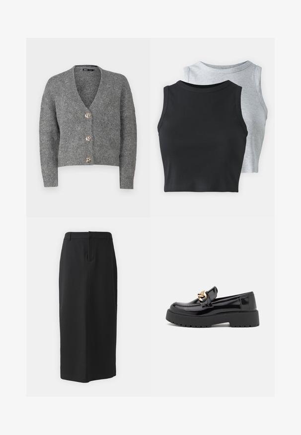 ONLY Petite ONLZOEY CARDIGAN - Kardigán - dark grey melange; Even&Odd Petite 2 PACK - Top - light grey/black; Čierna ceruzková sukňa po kolená, vyrobená z hladkej látky. Obsahuje rozparok na zadnej strane a bočné vrecká, má jednoduchý dizajn a neutrálne farby.; Čierne lakované kožené mokasíny s masívnou čiernou podošvou a zlatými detailmi. Hladká textura a design so zaoblenou špičkou.