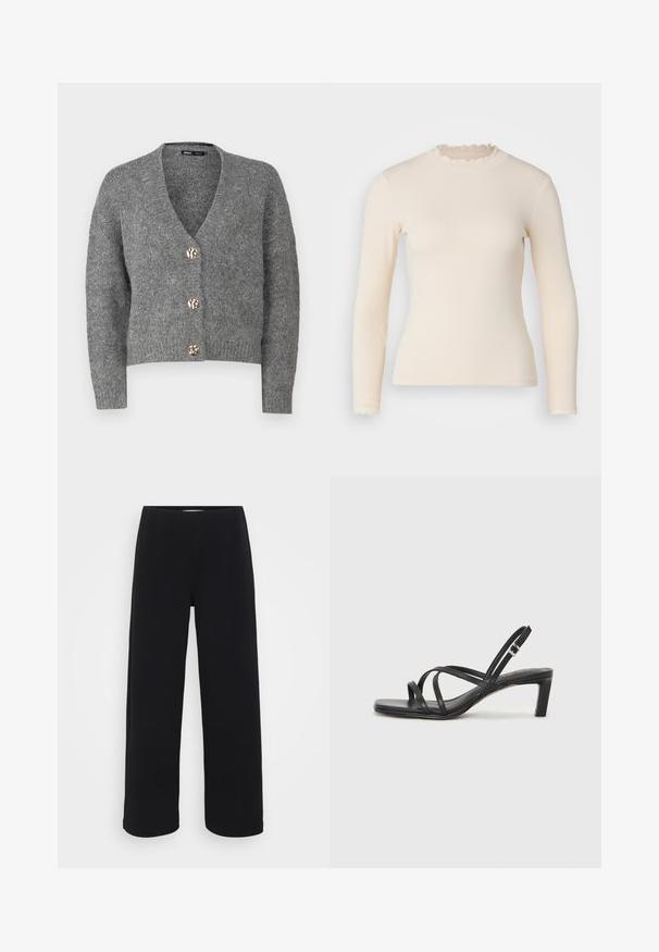 ONLY Petite ONLZOEY CARDIGAN - Jopica - dark grey melange; Dolga majica z dolgimi rokavi, rebraste pletenine v off-white barvi, z nabranim visokim izrezom in manšetami. Gladka tekstura s prilegajočim silhuetom.; Črne široke hlače s elastičnim pasom. Narejene iz teksturiranega materiala, se ponašajo z ohlapnim krojem in ravnim rezom od kolkov do roba.; Črne natikače s trakovi in kvadratnim prstom ter nizkim blokastim peto. Imajo več tankih trakov in nastavljiv trak okoli gležnja. Narejene so iz gladkega usnja.