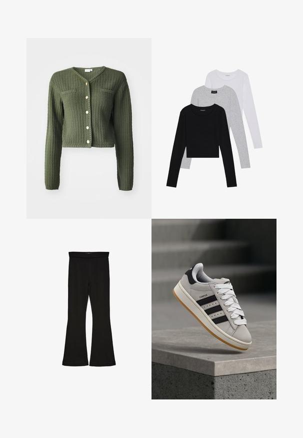 Temno zeleno pleteno kardigan s V-izrezom, dolgimi rokavi in krajšim dizajnom. Ima sprednje gumbe in dva žepa na prsih.; Tri dolga rokava zložena: črna, siva in bela. Vsaka ima okroglo izreznico in skrajšan dizajn z gladkim, lahkotnim materialom.; Črne flare leggings iz raztegljive tkanine. Imajo širok pas in gladko teksturo, s prilegajočo silhueto, ki se na robu razširi.; adidas Originals CAMPUS 00S W - Športni copati - crystal white/core black/off white