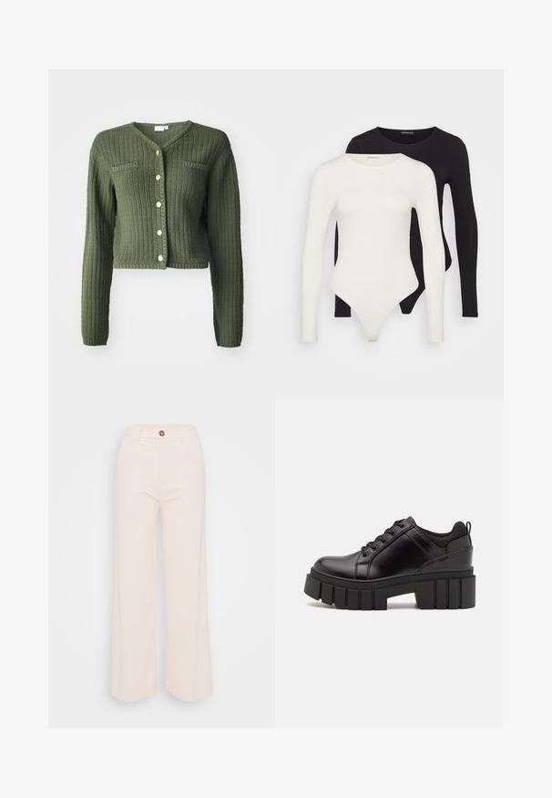 Tmavozelený pletený cardigan s výstrihom do V, dlhými rukávmi a skráteným strihom. Obsahuje predné gombíky a dve náprsné vrecká.; Dve body s dlhým rukávom v bielej a čiernej farbe. Vyrobené z hladkej tkaniny, s okrúhlym výstrihom a nohavičkovým dnom pre pohodlné nosenie.; Široké nohavice z mäkkej krémovej tkaniny, s vysokým pásom, jedným gombíkom na zapínanie a minimálnymi švovými detailmi.; Čierne kožené platformy s masívnym blokovým podpätkom, okrúhlou špičkou a tradičným šnurovaním. Má hladký povrch a minimálne detaily.
