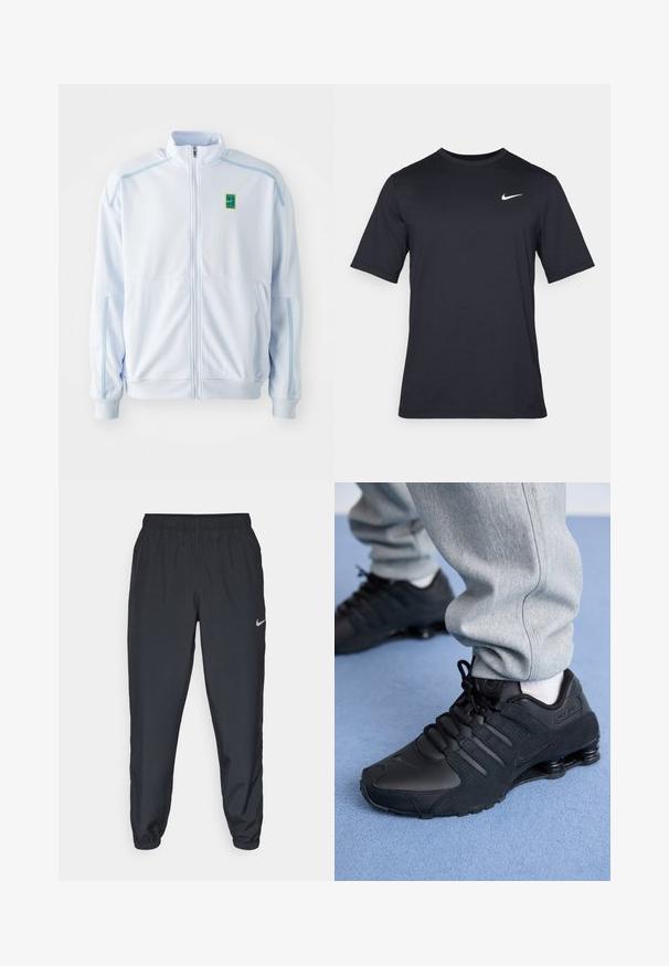 Casaco branco com fecho éclair e detalhes azul claro, gola alta e dois bolsos frontais. Possui um pequeno logótipo verde e amarelo no lado esquerdo.; T-shirt Nike preto de manga curta, feito de um tecido suave, com um logo swoosh branco no lado superior esquerdo, gola redonda.; Calças de treino pretas feitas de um tecido leve, com um cós elástico, punhos nos tornozelos e um discreto logótipo da Nike no lado esquerdo.; Pessoa vestindo tênis Nike Shox pretos e calças de moletom cinzas, de pé em um tapete azul claro.