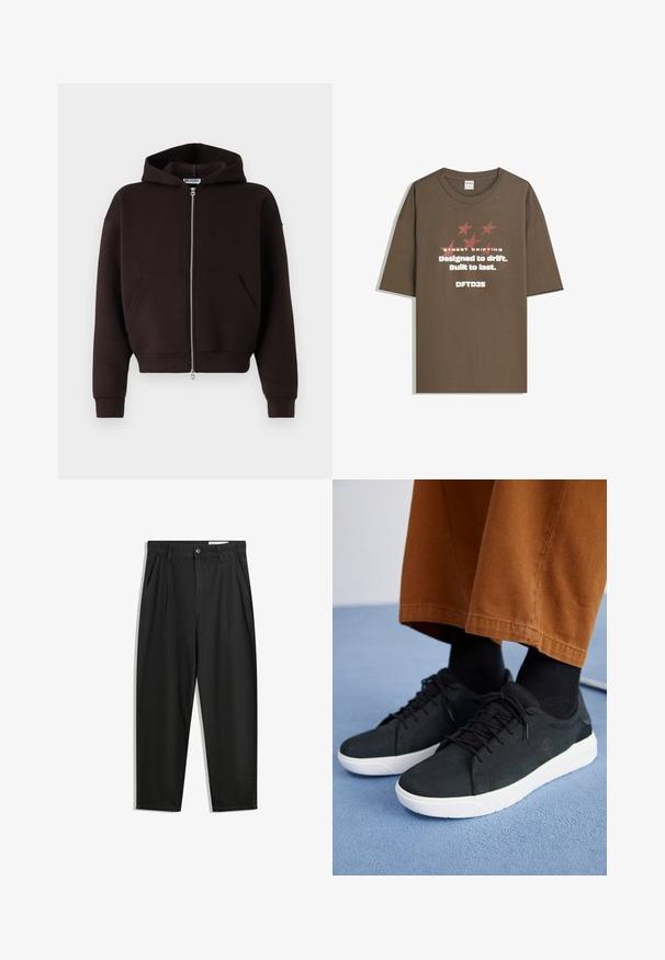 Haut à capuche zippé marron en tissu doux, avec une capuche à cordon de serrage, des poches frontales et des poignets et un ourlet côtelés.; T-shirt en coton marron à manches courtes, avec un texte graphique et des étoiles dans des couleurs contrastées. Coupe droite avec un col rond.; Pantalon en coton noir avec une coupe décontractée, dotés d'une taille classique, de plis à l'avant et de poches latérales. Texture lisse sans motifs.; Baskets en suede noir avec semelles en caoutchouc blanc, présentant un design à lacets, des accents texturés et une branding discrète, associées à un pantalon marron.