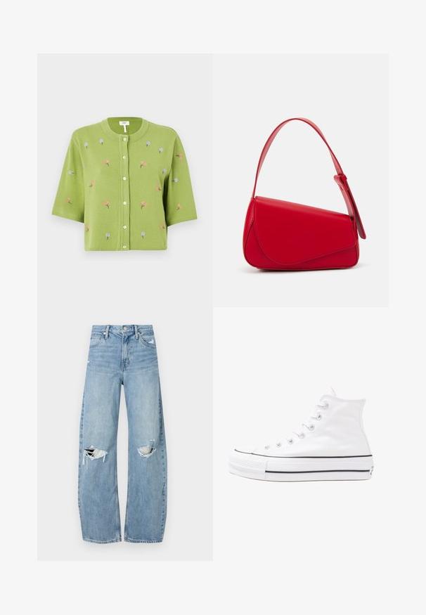 Cardigan verde lavorato a maglia con maniche corte, caratterizzato da ricami floreali rosa e blu, scollo rotondo e chiusura frontale con bottoni.; T-shirt nera oversize con una grafica di un orso e la scritta "NON CARINA MA SELVAGGIA" in grassetto, lettere bianche. Materiale in cotone.; Jeans azzurri chiari a vita alta realizzati in denim. Presentano gambe larghe, due aree strappate sulle ginocchia e il classico styling a cinque tasche.; Sneaker alta in tela bianca con suola in gomma nera, punta in gomma frontale e sei asole per i lacci, caratterizzata da un design pulito e minimalista.; Borsa a tracolla in pelle rossa con un design angolare e geometrico. Presenta una singola tracolla regolabile e una chiusura a patta con dettagli cuciti.