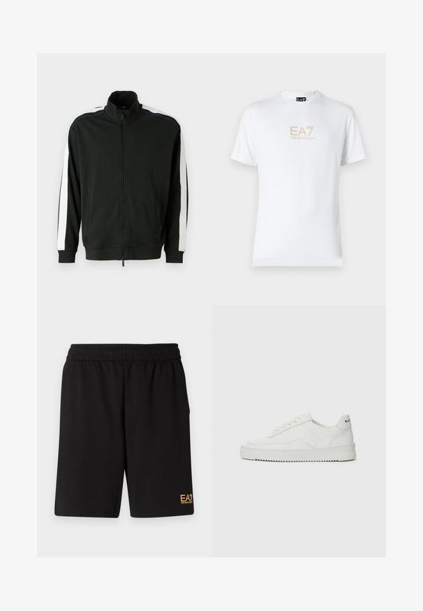 Svart jakke med glidelås og høy krage, med hvite striper på ermene og teksturerte detaljer. Laget av mykt stoff, egnet for aktiv bruk.; Hvit bomulls t-skjorte med rund hals og korte ermer, med en gullfarget EA7 Emporio Armani-logo trykket på fronten.; Sorte treningsshorts laget av mykt stoff, med elastisk midje og en liten gul EA7-logo nederst på venstre ben.; Hvite lærersneakers med en jevn overflate, rund tå, flate lisser og en teksturert såle. Har en subtil logo på hælen.