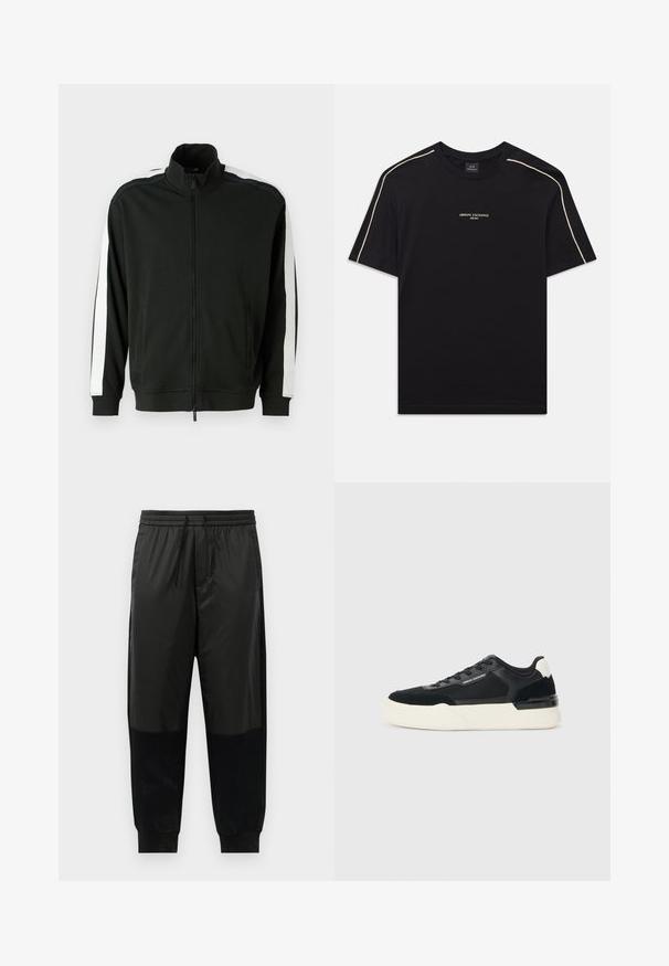 Giacca nera con zip e colletto alto, caratterizzata da strisce bianche sulle maniche e dettagli testurizzati. Realizzata in tessuto morbido, adatta per attività sportive.; T-shirt nera in cotone con maniche corte, collo rotondo, cuciture beige di accento sulle spalle e logo ARMANI EXCHANGE al centro.; Pantaloni sportivi neri che presentano un mix di tessuti lisci e testurizzati, vita elastica con cordino e polsini affusolati.; Sneaker nera realizzata in mesh e pelle, con una spessa suola bianca e dettagli a contrasto. Lacci e logo sul lato.