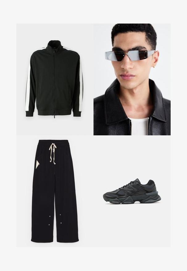 Fekete cipzáras dzseki magas gallérral, fehér csíkokkal az ujjakon és textúrált részletekkel. Puha anyagból készült, alkalmas aktív viseletre.; Fekete, rövid ujjú pamut póló, kerek nyakú és laza szabású. Simaság jellemzi, minimális varrási részletekkel.; Fekete, bő szárú nadrág puha anyagból, húzózsinórral a deréknál, oldalsó zsebekkel és háromszög alakú díszítőzsebbel. Ezüst hardware részletek.; Fekete futócipő, mely háló és szintetikus anyagok keverékéből készült, vastag talppal, ívelt kialakítással és hangsúlyos logóval az oldalon.; Szögletes, szürke árnyalatú napszemüveg ezüst díszítéssel, világos háttér előtt. A lencsék egyedi geometrikus formával rendelkeznek.