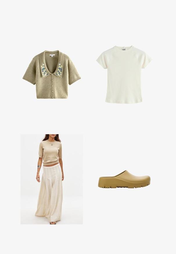 Īsām piedurknēm adīta kardigāna gaismas olīvzaļā krāsā ar lielu apkakli un ziedu izšuvumiem zilos un krēmkrāsas toņos. Priekšējā pogu aizdare.; Balta ribota īsās piedurknes T krekls ar apaļu izgriezumu un raglanu piedurknēm. Tekstūrēta auduma, regulāra piegriezuma. Logo etiketē muguras izgriezumā.; Beidzena adīta īsām piedurknēm augšdaļa, kas apvienota ar garu, plūstošu krēmkrāsas svārku ar vertikālām krokām un gludu tekstūru.; Dzeltenās gumijas klumpes ar gludu virsmu, atvērtu aizmuguri un biezām, teksturētām zolitēm ar horizontālām rugām. Izstrādātas komfortam un izturībai.