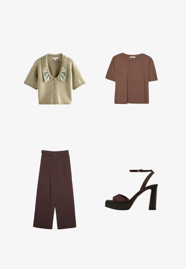 Krátký rukáv, pletený cardigan v světle olivově zelené barvě s velkým límcem a květinovou výšivkou v modré a krémové barvě. Zapínání na knoflíky vpředu.; Hnědé tričko s krátkým rukávem vyrobené z měkké látky, s kulatým výstřihem a volným střihem. Bez viditelných vzorů nebo dekorací.; Stradivarius WIDE-LEG WITH BUCKLE DETAIL - Kalhoty - dark brown; Hnědé semišové sandály na vysokém podpatku s otevřenou špičkou, nastavitelným páskem kolem kotníku a proužkovou platformou.
