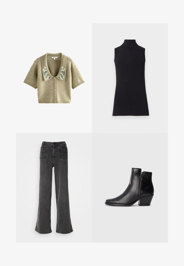 Rövidujjú, kötött kardigán világos olíva zöld színben, nagy gallérral és kék, valamint krémszínű virágmotívummal díszítve. Elöl gombos záródás.; Fekete ujjatlan garbó, sima anyagból készült. Feszes fazon, magas nyakkal és egyenes szegéllyel, minimalista és egyszínű.; Magas derekú, bő szárú fekete farmernadrág, gombos cipzárral, övbújtatókkal és két hátsó zsebbel, amelyeket varrott díszítések díszítenek.; Fekete bőr bokacsizma hegyes orral, oldalsó cipzárral és vastag sarokkal. Sima felület és minimalista dizájn.
