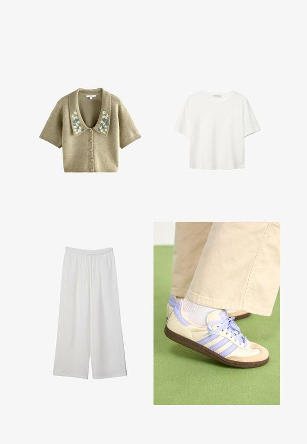 Kratki rukavi, pleteni kardigan svijetlo maslinaste boje s velikim ovratnikom i cvjetnim vezom u plavoj i krem boji. Prednje zatvaranje na gumbi.; Bijela majica kratkih rukava od pamuka. Ima okrugli izrez i opušteni kroj. Glatka tekstura bez vidljivih uzoraka ili naglasaka.; Bijele hlače širokog kroja izrađene od lagane tkanine, s elastičnim pojasom i vezicom za prilagodljivu veličinu. Glatka tekstura.; Kremasto-ljubičaste tenisice s tri pruge i strukturiranim smeškim potplatom, s vezicama i podstavljenim petom. Mekana gornja tkanina.