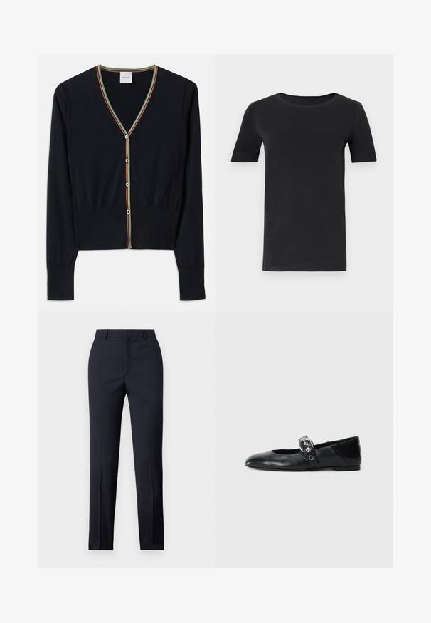 Navy cardigan made of soft fabric, featuring a V-neck with multicolored striped trim and six round buttons down the front.; Black short-sleeve t-shirt made of soft cotton, with a round neckline and a classic fit. Smooth texture, no patterns or embellishments.; Navy tailored trousers with a straight cut, featuring a smooth texture, two front pockets, and a clean waistband.; Black leather ballet flats with a pointed toe, featuring a strap with a circular metallic buckle and a flat sole.