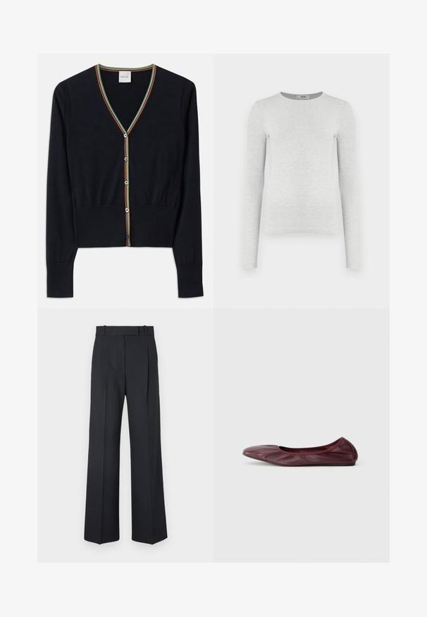 Marineblauwe cardigan van zacht materiaal, met een V-hals en een multicolor gestreepte rand, en zes ronde knopen aan de voorkant.; Grijze langemouwen ribgebreide top, ronde halslijn, getailleerde pasvorm, gladde textuur, zonder zichtbare logo's of versieringen.; Donkerblauwe pinstriped broek met een hoge taille, wijde pijpen en zonder zichtbare hardware of versieringen. Glad textuur en nauwkeurige pasvorm.; Ballet flats in diep bordeauxleer, met een rond neuspunt, elastische rand en een gladde textuur met subtiele plooidetails.
