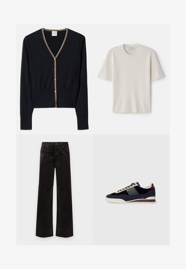 Navy cardigan made of soft fabric, featuring a V-neck with multicolored striped trim and six round buttons down the front.; Cream short-sleeve t-shirt with a round neckline, made from soft material, featuring a straight cut and minimal detailing.; Black corduroy wide-leg pants with a high waist, featuring two front pockets and a button closure. Smooth texture with vertical ridges.; Navy suede sneakers with beige and dark blue accents. Features a white rubber sole and gold branding on the side. Classic athletic design.