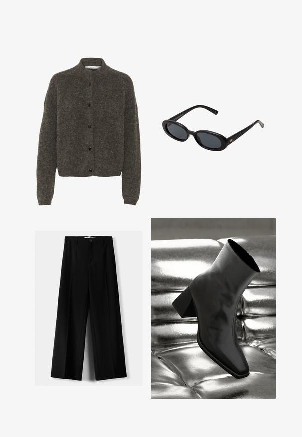 Tamno sivi, dlačasti kardigan od vune, s visokim ovratnikom, gumbima sprijeda i dugim rukavima s rebrastim manžetama.; Bijela majica kratkih rukava od pamuka, s okruglim izrezom i opuštenim krojem, bez vidljivih uzoraka ili grafike.; Crne široke hlače izrađene od lagane tkanine, s prednjim zatvaranjem na dugme i ravnim prednjim dijelom, sa uredno šivenim rubovima.; Crni gležnjača napravljena od sjajnog materijala sa četvrtastim vrhom i suženom petom, postavljena protiv srebrne sjajne pozadine sa nabranim uzorkom.; Crne velike sunčane naočale s ovalnim staklima, glatkim plastičnim okvirom i zlatnim detaljima na sljepočnicama. Tamna stakla pružaju zaštitu od sunca.