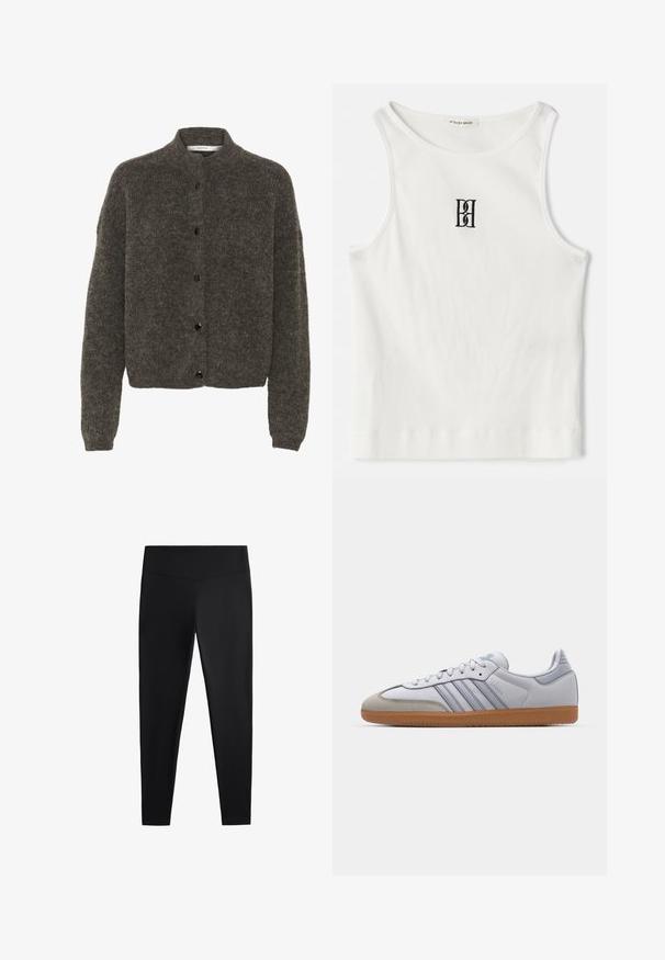 Tmavošedý chlpatý kardigán vyrobený z vlny, s vysokým golierom, zapínaním na gombíky vpredu a dlhými rukávmi s rebrovanými manžetami.; Biely rebrovaný tielko s čiernym výšivkovým logom umiestneným na hrudi. Výstrih a otvory na rukávy sú dokončené jemným lemovaním.; Čierne legíny vyrobené z hladkej, elastickej tkaniny. Majú široký pás a zoštíhlený strih nohavíc, vhodné na aktívne alebo príležitostné nosenie.; Biele kožené tenisky s svetlomodrými akcentmi, sivým semišovým špičkou a hnedou gumovou podrážkou. Obsahujú tri modré pruhy a branding "Samba".
