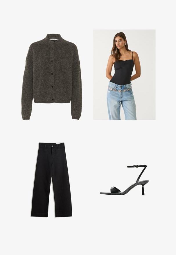 Ciemnoszary, puszysty kardigan wykonany z wełny, z wysokim kołnierzem, zapięciem na guziki z przodu oraz długimi rękawami z prążkowanymi mankietami.; Czarny dopasowany body z kwadratowym dekoltem, w połączeniu z jasnoniebieskimi dżinsami z ozdobnym srebrno-różowym paskiem.; Czarne dżinsowe spodnie o szerokich nogawkach i wysokim stanie, z przednimi i tylnymi kieszeniami, przeszyciami oraz zapięciem na guziki. Gładka struktura.; Bershka - Sandały na obcasie
