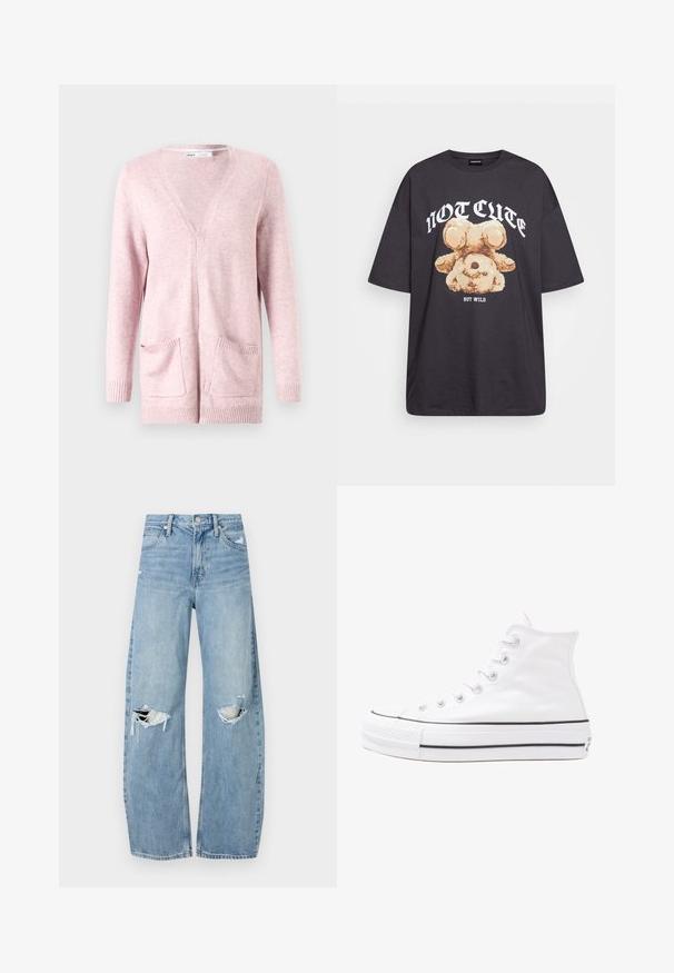 Lyserød cardigan lavet af blødt stof, med lange ærmer, V-hals, ribbede manchetter og to forlommer.; Sort oversized t-shirt med et grafisk motiv af en bjørn samt teksten "IKKE SØD MEN VILD" i fede, hvide bogstaver. 100% bomulds materiale.; Lysblå, højtraljede jeans lavet af denim. Har brede ben, to huller ved knæene og klassisk fem-lommes stil.; Hvide høje kanvas sneakers med sort gummisål, gummitåhætte foran og seks øjehuller til snørebånd, der har et rent, minimalistisk design.