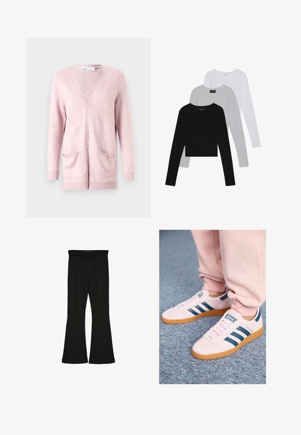 Cardigan rosa chiaro realizzato in tessuto morbido, con maniche lunghe, scollo a V, polsini a coste e due tasche frontali.; Tre magliette a maniche lunghe impilate: nera, grigia e bianca. Ognuna ha un colletto rotondo e un design accorciato con tessuto morbido e leggero.; Leggings a zampa nera realizzati in un tessuto elasticizzato. Presentano una vita alta e una superficie liscia, con una silhouette aderente che si ampia all'orlo.; Sneaker in suede rosa chiaro con strisce in pelle blu scuro e suola in gomma. Le caratteristiche includono lacci piatti e branding sul lato e sulla linguetta.