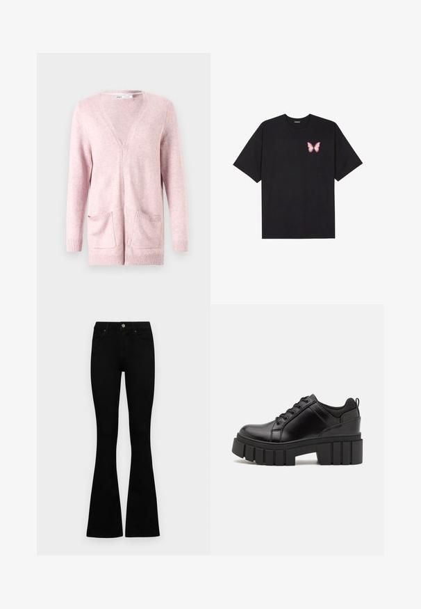 Hellrosa Strickjacke aus weichem Material, mit langen Ärmeln, V-Ausschnitt, gerippten Bündchen und zwei Vordertaschen.; Schwarzes Baumwoll-T-Shirt mit kurzen Ärmeln, das ein kleines pinkes Schmetterlingsmotiv auf der linken Brust zeigt. Crewneck-Design mit einem entspannten Schnitt.; Schwarze hochtaillierte Jeans mit einem Knopf- und Reißverschluss, Fronttaschen und ausgestellten Beinen, flach auf einem weißen Hintergrund ausgelegt.; Schwarze Lederplateauschuhe mit klobigem Blockabsatz, runder Zehenpartie und traditionellem Schnürdesign. Verfügt über eine glatte Textur und minimale Details.