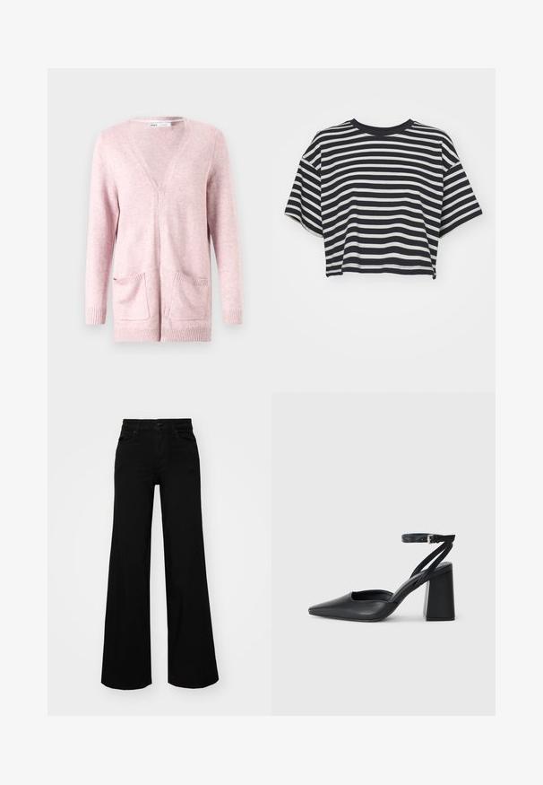 Světle růžový cardigan vyrobený z měkké látky, s dlouhými rukávy, výstřihem do V, vroubkovanými manžetami a dvěma předními kapsami.; Pruhované zkrácené tričko v námořnické modré a bílé barvě. Krátké rukávy, kulatý výstřih, měkká tkanina s vodorovnými pruhy a uvolněný střih.; Černé široké kalhoty vyrobené z denimu, s pevným pasem, poutky na opasek a předními kapsami. Hladká textura s klasickým designem.; Černé kožené lodičky se špičatou špičkou, kotníkovým páskem a silným podpatkem. Hladká textura, elegantní design a minimalistická estetika.