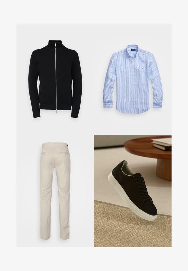 Fekete zipzáras pulóver magas gallérral, bordázott mandzsettákkal és szegéllyel, texturált kötött anyagból, ezüst zipzárral.; Kék és fehér csíkos, hosszú ujjú pamut ing, gombos gallérral, elől gombokkal és egy kis hímzett logóval a mellkason.; Beige nadrág sima felülettel, egyenes szabással, két gombos hátsó zsebbel és normál derékrésszel.; Fekete sneakers fehér talppal lebeg egy bézs textúrájú szőnyeg felett, egy kerek fából készült asztal közelében, rajta egymásra pakolt könyvekkel.