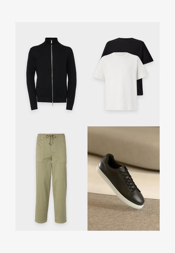 Pulover negru cu fermoar, cu guler înalt, manșete și tiv cu dungi, realizat dintr-un material tricotat texturat, având un fermoar argintiu.; Set de tricouri din bumbac, care include un top negru și unul alb, ambele cu mâneci scurte, guler rotund și croială standard. Material texturat.; Pantaloni de culoare verde măslin deschis, confecționați dintr-un amestec de bumbac, cu un tiv elastic și șnur, și două buzunare laterale mari.; Sneaker din piele neagră cu talpă din cauciuc alb și șireturi negre, plasat pe o suprafață și un fundal din material bej.