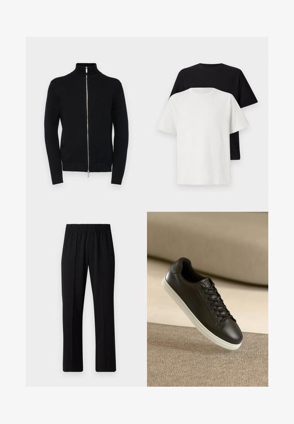 Μαύρο ζιπάκι με υψηλό γιακά, ριγωτούς καρπούς και στρίφωμα, φτιαγμένο από υφασμάτινη πλέξη, με μεταλλικό φερμουάρ.; Σετ βαμβακερών μπλούζων με σκούρο μπλουζάκι και λευκό μπλουζάκι, και τα δύο με κοντά μανίκια, στρογγυλή λαιμόκοψη και κανονική εφαρμογή. Υφασμάτινη υφή.; Μαύρο παντελόνι με ελαστική μέση και ίσια γραμμή, με λεία υφή και χωρίς εμφανή σχέδια ή μεταλλικά στοιχεία.; Μαύρο δερμάτινο αθλητικό παπούτσι με λευκή ελαστική σόλα και μαύρες κορδόνες, τοποθετημένο σε μια μπεζ υφασμάτινη επιφάνεια και φόντο.