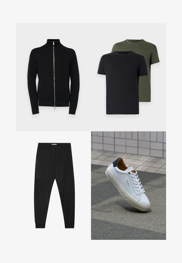 Črni zip-up pulover z visokim ovratnikom, rebrastimi manšetami in robom, izdelan iz teksturirane pletene tkanine, z značilnim srebrnim zadrgo.; Dve majice s okroglim izrezom v črni in olivno zeleni barvi, narejene iz mehkega bombažnega materiala. Oblikovanje je preprosto, z kratkimi rokavi in ravnim krojem.; Črne športne hlače iz teksturirane tkanine, z nastavljivim pasom, stranskim žepom na zadrgo in zoženimi manšeti.; Beli usnjeni čevelj s plavo peto, okrogelimi prsti in kontrastnimi rjavimi detajli. Ima ravne vezalke in teksturiran gumijast podplat.