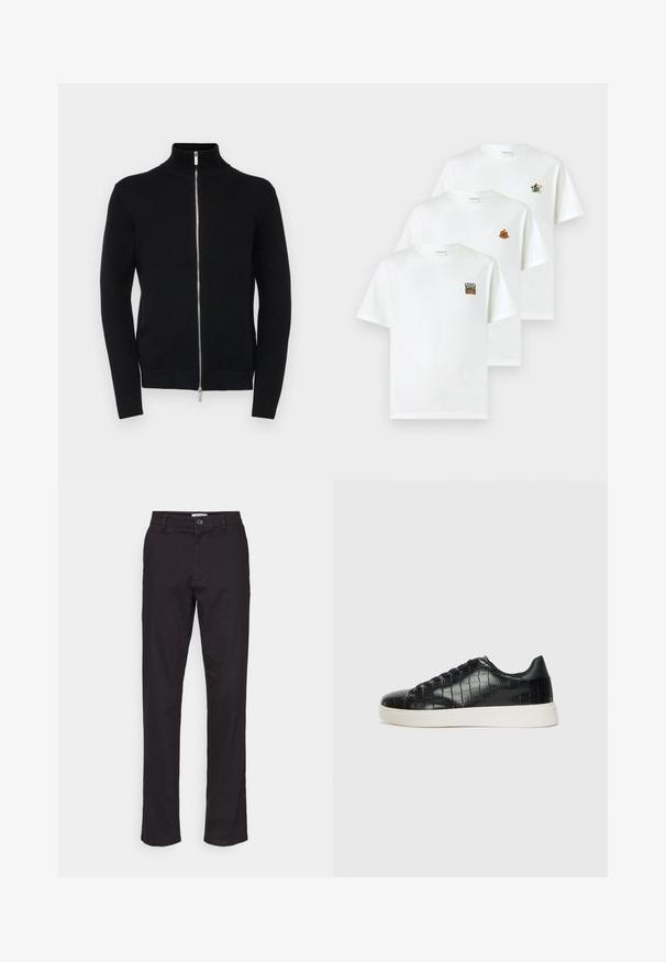 Black zip-up sweater with a high collar, ribbed cuffs, and hem, made of textured knit fabric, featuring a silver zipper.; Three white cotton t-shirts with round necklines. Each features different embroidered designs: a flower, a sunburst, and a bicycle.; Black cotton trousers with a straight-leg design, featuring a front button closure and side pockets. Smooth texture and minimal detailing.; Black sneakers featuring a textured croc-embossed leather upper, rounded toe, and a contrasting white rubber sole with a smooth finish.