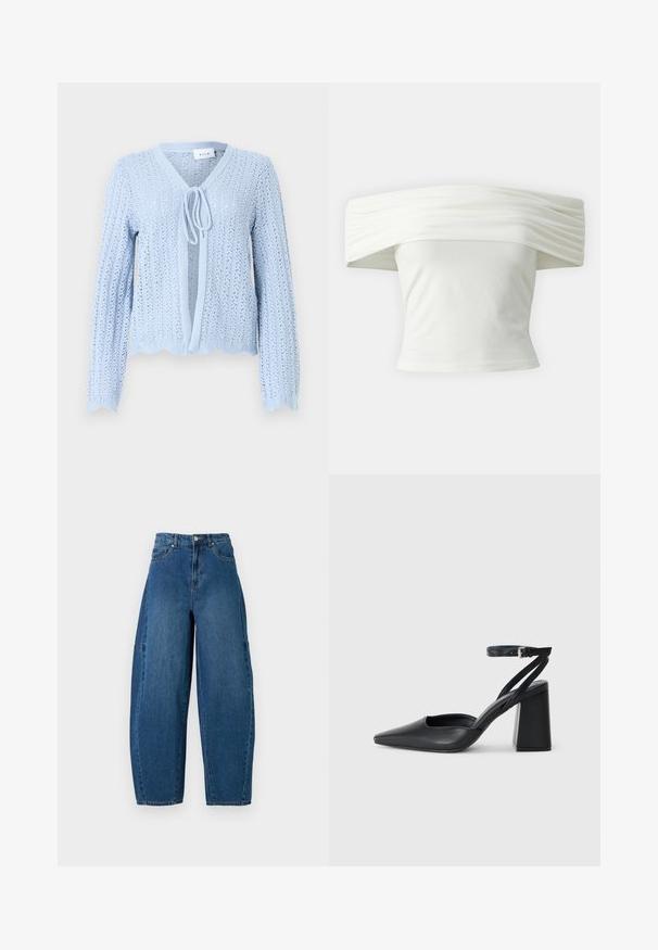Svjetloplava pletena kardigan s valovitim rubom, dugim rukavima i zatvaranjem sprijeda na vezanje. Ima otvoreni uzorak po cijeloj površini.; Bela majica s spuštenimi rameni, z nabranim in strukturiranim izrezom ter tesnim pasom. Narejena iz mehkega blaga z gladko teksturo.; Jeans iz denima v srednjem modrem pranju, z visokim pasom, širokim krojem nogavic in standardnim pet-imenskim dizajnom s vidnimi šivi.; Črne usnjene klasične čevlje z ostrim nosom, z zaponko za gleženj in debelim peto. Ravna tekstura, eleganten dizajn in minimalistična estetika.