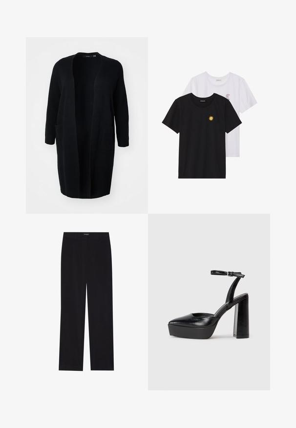 Vero Moda Curve VMCSABA POCKET COATIGAN - Kardigán - black; Fekete és fehér T-shirtok, kerek nyakkivágással, rövid ujjakkal. A fekete pólón sárga nap hímzés található; a fehér póló lila félhold díszítéssel rendelkezik.; Fekete kordbársony nadrág egyenes szabással, lapos derékkal és láthatatlan zsebekkel, sima textúrával és függőleges bordázással.; Fekete platform magassarkú cipők hegyes orral és állítható bokapánttal. Sima bőrből készült, vastag talppal.