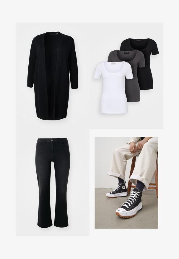 Vero Moda Curve VMCSABA POCKET COATIGAN - Strickjacke - black; Drei figurbetonte T-Shirts in Weiß, Grau und Schwarz. Jedes hat einen weiten Rundhalsausschnitt und kurze Ärmel. Hergestellt aus glattem, elastischem Stoff.; Schwarze Denim-Jeans mit mittelhohem Bund, vorderem Knopf, zwei Vorder- und zwei Hintertaschen sowie weiter Schnitt.; Schwarze High-Top-Sneaker mit weißen Schnürsenkeln und Gummikappe. Dicke weiße Sohle mit braunem, strukturiertem Außensohlenprofil, kombiniert mit navyblauen gestreiften Socken.